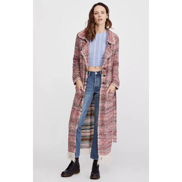 Free People Red Orange Desert Sunrise Duster Cardigan Sweater Small - Picture 1 of 11